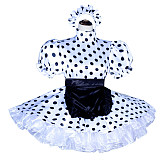 Fondcosplay Handmade Lockable Sissy Maid Dress White Black Polka Dot Satin Crossdressing Outfit [G4019]