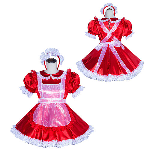 Fondcosplay Handmade Lockable Sissy Maid Dress Red Satin with White Lace Crossdressing Outfit [G4018]