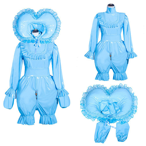 Fondcosplay Handmade Lockable Sissy Maid Romper with Hood Blue Thin PVC Crossdressing Outfit [G4013]