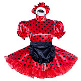 Fondcosplay Handmade Lockable Sissy Maid Dress Red Black Polka Dot Satin Crossdressing Outfit [G4021]