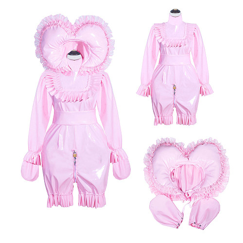 Fondcosplay Handmade Lockable Sissy Maid Romper with Hood Pink Thin PVC Crossdressing Outfit [G4012]