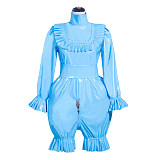 Fondcosplay Handmade Lockable Sissy Maid Romper with Hood Blue Thin PVC Crossdressing Outfit [G4013]