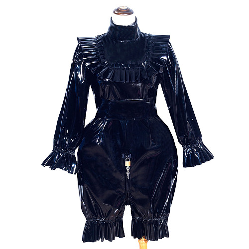 Fondcosplay Handmade Lockable Sissy Maid Romper Black Thin PVC Crossdressing Outfit [G4010]
