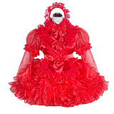 Fondcosplay Handmade Lockable Sissy Maid Dress Red Satin Organza Ruffled Crossdressing Outfit [G4016]