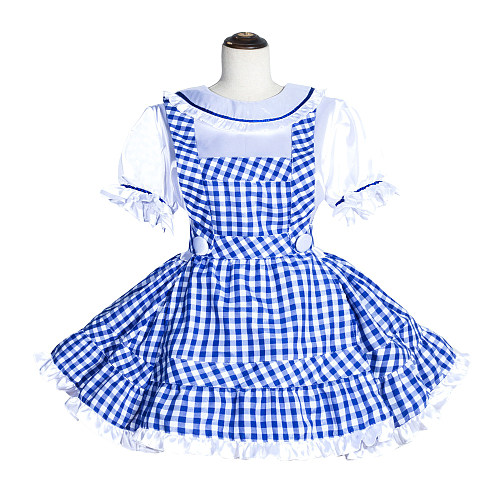 Fondcosplay Handmade Lockable Sissy Maid Blouse and Skirt Set Blue White Gingham Satin Cotton Crossdressing Outfit [G4014]
