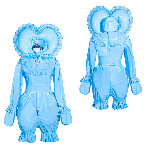Fondcosplay Handmade Lockable Sissy Maid Romper with Hood Blue Thin PVC Crossdressing Outfit [G4013]