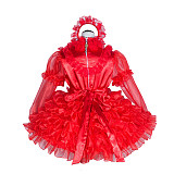 Fondcosplay Handmade Lockable Sissy Maid Dress Red Satin Organza Ruffled Crossdressing Outfit [G4016]