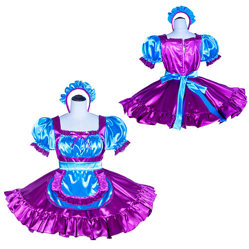 Fondcosplay Handmade Lockable Sissy Maid Dress Blue Purple Satin Crossdressing Outfit [G4015]