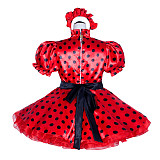 Fondcosplay Handmade Lockable Sissy Maid Dress Red Black Polka Dot Satin Crossdressing Outfit [G4021]