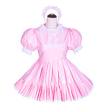 Fondcosplay Handmade Lockable Sissy Maid Dress Pink Thin PVC with White Lace Crossdressing Outfit [G4020]