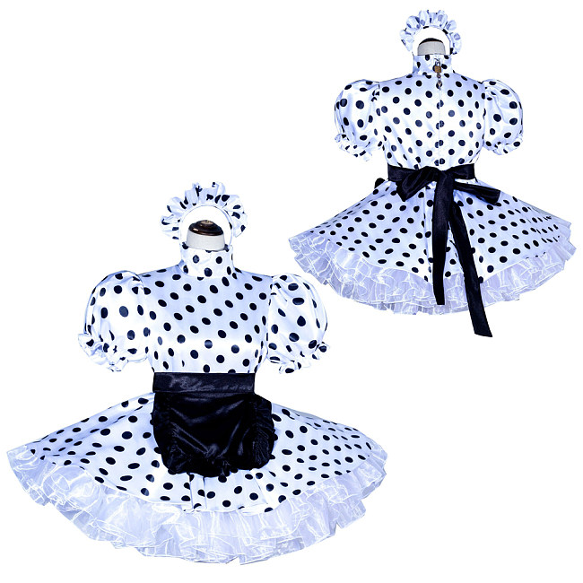 Fondcosplay Handmade Lockable Sissy Maid Dress White Black Polka Dot Satin Crossdressing Outfit [G4019]