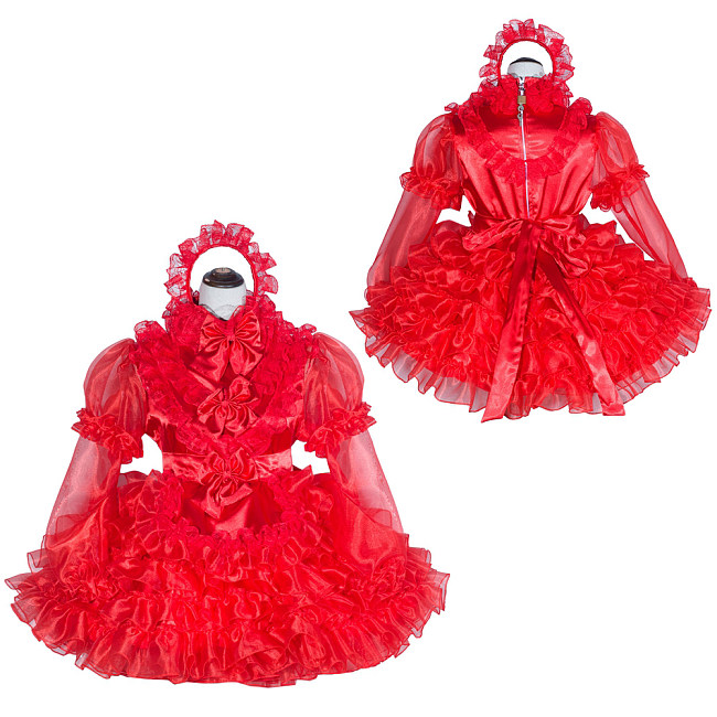 Fondcosplay Handmade Lockable Sissy Maid Dress Red Satin Organza Ruffled Crossdressing Outfit [G4016]