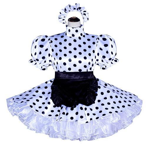Fondcosplay Handmade Lockable Sissy Maid Dress White Black Polka Dot Satin Crossdressing Outfit [G4019]