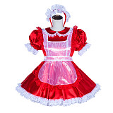 Fondcosplay Handmade Lockable Sissy Maid Dress Red Satin with White Lace Crossdressing Outfit [G4018]