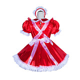 Fondcosplay Handmade Lockable Sissy Maid Dress Red Satin with White Lace Crossdressing Outfit [G4018]