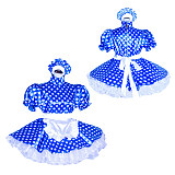 Fondcosplay Handmade Lockable Sissy Maid Dress Blue White Polka Dot Satin Crossdressing Outfit [G4017]