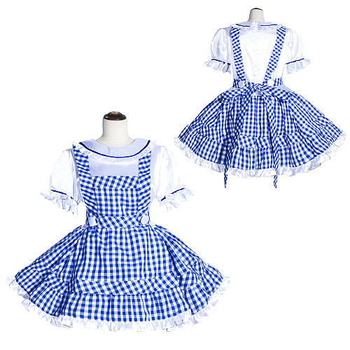 Fondcosplay Handmade Lockable Sissy Maid Blouse and Skirt Set Blue White Gingham Satin Cotton Crossdressing Outfit [G4014]