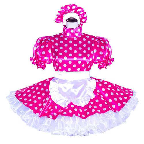 Fondcosplay Handmade Lockable Sissy Maid Dress Hot Pink White Polka Dot Satin Crossdressing Outfit [G4022]