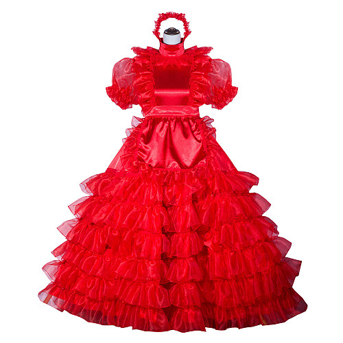 Fondcosplay Handmade Lockable Long Sissy Maid Dress Red Satin and Organza Crossdressing Gown [G4024]