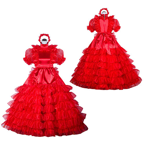 Fondcosplay Handmade Lockable Long Sissy Maid Dress Red Satin and Organza Crossdressing Gown [G4024]