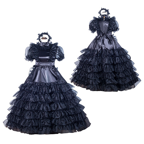 Fondcosplay Handmade Lockable Long Sissy Maid Dress Black Satin and Organza Crossdressing Gown [G4025]