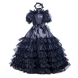 Fondcosplay Handmade Lockable Long Sissy Maid Dress Black Satin and Organza Crossdressing Gown [G4025]