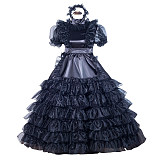 Fondcosplay Handmade Lockable Long Sissy Maid Dress Black Satin and Organza Crossdressing Gown [G4025]