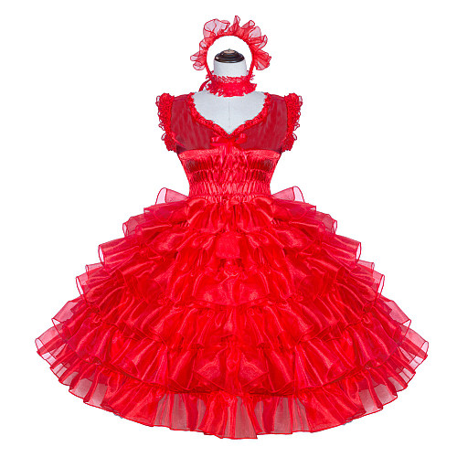 Fondcosplay Handmade Sissy Maid Dress Red Satin Organza Ruffled Crossdressing Outfit [G4009]