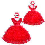 Fondcosplay Handmade Sissy Maid Dress Red Satin Organza Ruffled Crossdressing Outfit [G4009]