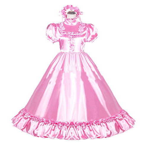 Fondcosplay Handmade Lockable Sissy Maid Dress Pink Satin Long Crossdressing Outfit [G4008]