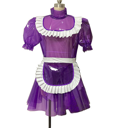 Fondcosplay Handmade Sissy Maid Crossdressing Lockable Clear PVC Purple Dress Costume with White Apron [G4070]