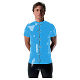 Gothic Punk Mens Latex Look T-shirt Coat Shiny PVC Leather Zipper with Buckles T-Shirts Club Costume Male Streetwear Jacket Tops