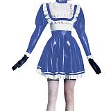 Sexy  Maid Dress Rubber Wet Look PVC Faux Sailor Japanese School Students Clothes with Trim Bow Back Zip Pleated Clubwear