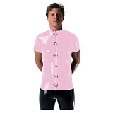 Gothic Punk Mens Latex Look T-shirt Coat Shiny PVC Leather Zipper with Buckles T-Shirts Club Costume Male Streetwear Jacket Tops