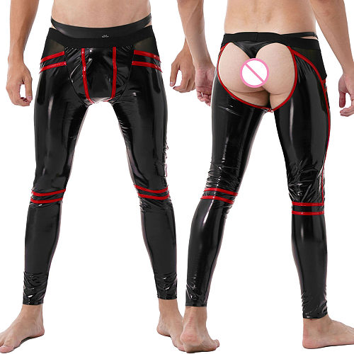 Mens Punk Belt Elasticated Convex Pouch Legging PVC Faux Leather Glossy Splicing Pencil Pants Sexy Gay Naked Hip Erotic Trousers