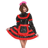 Sissy Lockable Pleated A-line Maid Dress Glossy PVC Leather Turtleneck Frills Apron Mini Maid Dress Servant Role Play Outfits
