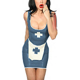 Tank Scoop Neck Sexy Nurse Dress Glossy PVC Halloween Cosplay Costumes Sleeveless Pencil Mini Dress with Apron Nurse Lingerie
