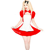 Shiny PVC Lolita 3Pcs Maid Uniforms Puff Short Sleeve Jacket Sleeveless Mini Dress Lace-up Apron Sweet Maid Cosplay Costume
