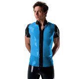 Mens Sexy See Through Jackets Clear PVC Patchwork T-shirt Fetish Plastic Stand Collar Club Tops Punk Style Front Zipper Tops