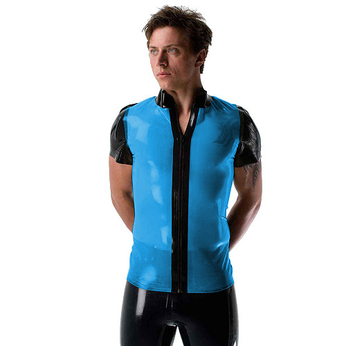 Mens Sexy See Through Jackets Clear PVC Patchwork T-shirt Fetish Plastic Stand Collar Club Tops Punk Style Front Zipper Tops