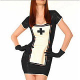 Nurse Cosplay Dress Sexy Glossy PVC Patchwork Slim Pencil Mini Dress Apron With Gloves Nurse Funny Short Dress Costume Sets 7XL