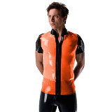 Mens Sexy See Through Jackets Clear PVC Patchwork T-shirt Fetish Plastic Stand Collar Club Tops Punk Style Front Zipper Tops