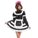 Sissy Lockable Pleated A-line Maid Dress Glossy PVC Leather Turtleneck Frills Apron Mini Maid Dress Servant Role Play Outfits