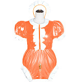 Maids Lockable Crotch Jumpsuits Rompers Sexy Cross Dressing Puff Short Sleeve Maid Cosplay Costumes Sissy Wetlook PVC Bodysuit