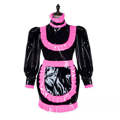 New Arrival Lockable Maid PVC Mini Dress PU Leather French Miad Dress Lantern sleeve Bodycon Apron SISSY Dress S-7XL