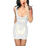 Tank Scoop Neck Sexy Nurse Dress Glossy PVC Halloween Cosplay Costumes Sleeveless Pencil Mini Dress with Apron Nurse Lingerie