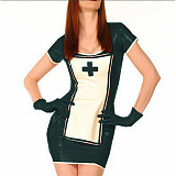 Nurse Cosplay Dress Sexy Glossy PVC Patchwork Slim Pencil Mini Dress Apron With Gloves Nurse Funny Short Dress Costume Sets 7XL
