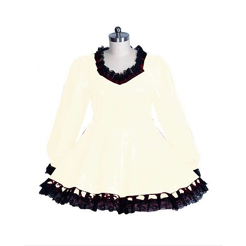 Cute Women's Lolita PVC Dress Sweet Black Lace A-line Vinyl Dress Lockable Maid Uniform Gothic Plus Size Long sleeve Sissy Dress