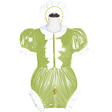 Maids Lockable Crotch Jumpsuits Rompers Sexy Cross Dressing Puff Short Sleeve Maid Cosplay Costumes Sissy Wetlook PVC Bodysuit