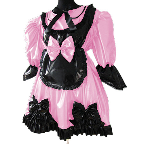 Lolita Peter Pan Collar Half Sleeve Black Frills Shiny PVC Maid Dress Unique Vinyl Glossy Leather Maid Fancy Cosplay Costume Set